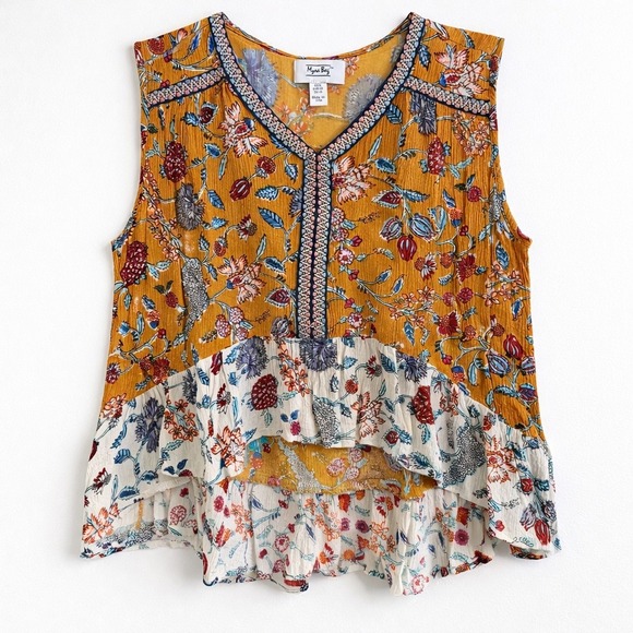 Myra Bag Tops - Myra Bag‎ Womens XL Floral Embroidered V-Neck High-Low Peplum Tank Top Mustard